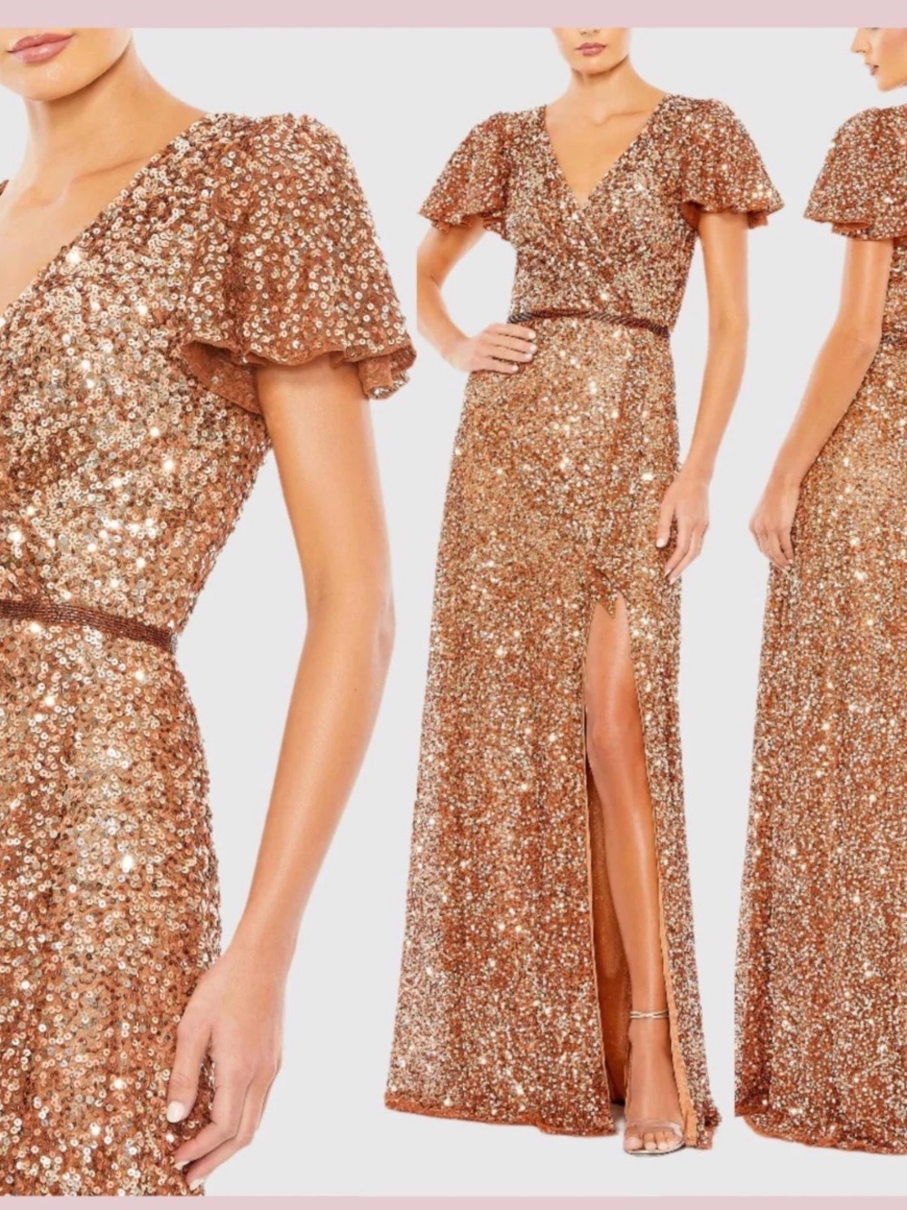 Mac Duggal Copper Caramel Bronze Sequin Flutter Sleeve Gown 14